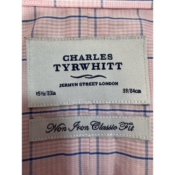 Charles Tyrwhitt Mens Dress Shirt Button Pink Blue Plaid Non Iron Classic 15 1/2 - Picture 8 of 8